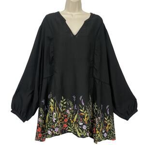 Old Navy Tunic Top Womens 4X Black Dark Floral Balloon Sleeve Moody Garden Boho